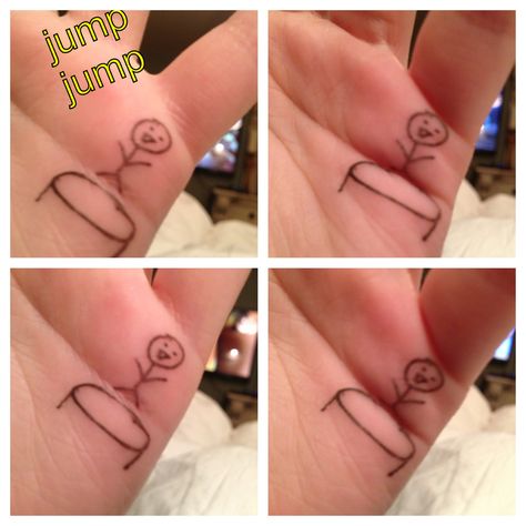 Cute dude jumping on a trampoline move your hand a certain way and it looks like he is jumping ha my sister drew it on my hand Jumping Tattoo, Trampoline Tattoo On Hand, Trampoline Stamp Tattoos, Bungee Jumping Tattoo, Stick Man Jumping On Trampoline Tattoo, Sisters Drawing, Trampolines, Infinity Tattoo, Fun Crafts