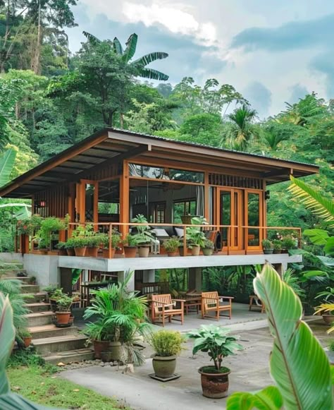 Small Tropical House, Elevated House, Tropical House Design, Bahay Kubo, Bali House, House On Stilts, Beach House Exterior, Rest House, Seni Dan Kraf