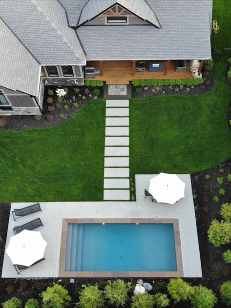 Walk Way To Pool Ideas, Walkway From House To Pool, Pool Walkway Ideas, Walkway To Pool From House, Stepping Stones To Pool, Simple Inground Pool, Rectangle Pool Landscaping Backyard, Path To Pool, Walkway To Pool