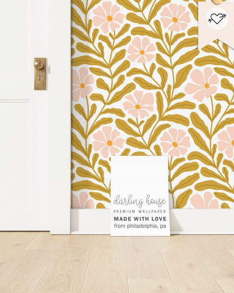 Retro Style Home, 70s Inspired Wallpaper, Wallpaper Accent Wall Ideas, 60s Inspired Wallpaper, Boho Floral Wallpaper, Pink Bathroom Wallpaper, Retro Floral Nursery, 70s Floral Nursery, 70s Wallpaper