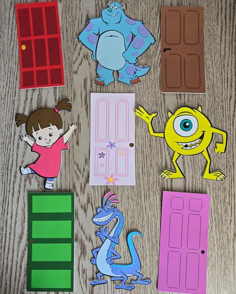 Monsters Inc cutouts going out today Monsters Inc Decor, Monsters Inc Classroom Theme, Monsters Inc Trunk Or Treat, Monsters Inc Crafts, Monsters Inc Doors, Monsters Inc Characters, Classroom Goals, Res Life, Monster Inc