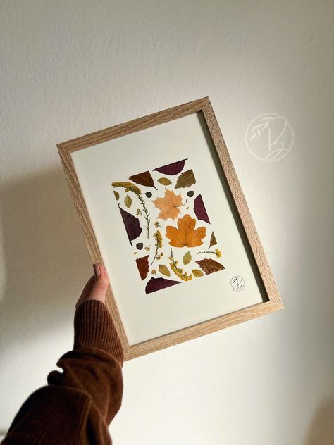 Framed Pressed Leaves, Dried Maple Leaf Art, Pressed Leaves Framed, Fall Picture Frame, Maple Leaf Art, Dry Leaf Art, Pressed Flowers Frame, Flower Projects, Room Paintings