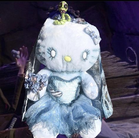 Corpse Bride Hello Kitty, Creepy Stuffed Animals, Tim Burton Art, Handmade Plushies, Hand Painted Fabric, Kitty Plush, Sewing Stuffed Animals, Hello Kitty Backgrounds, Friends Characters