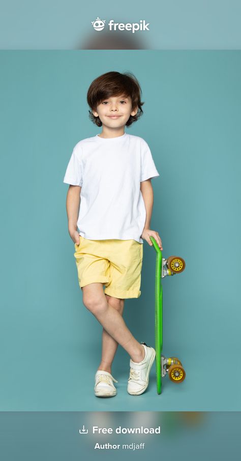 Cute Child Boy, Tshirt Mockup Free, Clothes Mockup, Green Skateboard, Boys White T Shirt, Blonde Kids, Boys Tshirt, Child Boy, Yellow Jeans