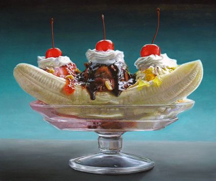 Mary Ellen Johnson Tjalf Sparnaay, The Banana Splits, Photorealism Art, Decadent Food, Hyper Realistic Paintings, Food Funny, Food Painting, Köstliche Desserts, Big Meals