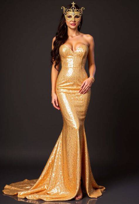 Shine bright like a star in a gold sequined gown. Choose a figure-hugging silhouette with a sweetheart neckline and a dramatic train. Complement the look with a gold mask embellished with Swarovski crystals and matching gold accessories. Mascarade Ball Outfit, Mascarade Ball, Gold Slip Dress, Masquerade Dress, Masquerade Outfit, Masquerade Ball Gown, Slip Dress Outfit, Masquerade Wedding, Styling Outfits