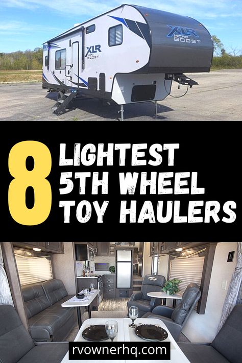 Finding a lightweight 5th-wheel toy hauler can be challenging, as neither 5th wheels nor toy haulers are known for their lightweight design. As many 5th-wheel toy haulers have unloaded vehicle weights starting at over 12,000 pounds! And that’s before you load anything into the camper. Because of this, we created this blog post, which highlights the lightest 5th-wheel toy haulers. So you can find the perfect lightweight option based on your needs and your tow vehicle’s max tow capacity. Nomad Living, 5th Wheel Toy Hauler, Toy Hauler Rv, Toy Hauler Camper, 5th Wheel Camper, 5th Wheel Trailers, Fifth Wheel Toy Haulers, Toy Haulers, Fifth Wheel Trailers