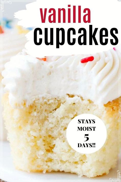 Light, soft vanilla cupcakes that stay moist for 5 days and only use pantry ingredients! These delicious cupcakes are frosted with my ermine frosting recipe that is light and airy like whipped cream. Easy Dinner Party Desserts, Best Vanilla Cupcake Recipe, Ermine Frosting, Best Easy Dessert Recipes, Easy Vegan Cookies, Moist Vanilla Cupcakes, Easy Strawberry Jam, Cheesecake Bites Recipe, Dinner Party Desserts