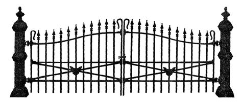 Antique Images: Free Antique Graphic for Halloween: Spooky Wrought Iron Fence Illustration with Black Cat Head Design Fence Illustration, Vintage Halloween Prints, Cemetery Gates, Wrought Iron Fence, Wrought Iron Door, House Silhouette, Nostalgia Art, Wrought Iron Stairs, Outdoor Structure