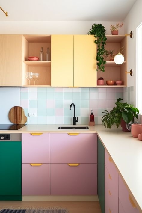 Let's discover pastel Barbie inspired kitchen 🌸 Colorful Kitchen Tiles, Pastel Home Decor Living Room, Colorful Eclectic Kitchen, Rental Kitchen Makeover, Funky Kitchen, Colourful Kitchen, Kitchen 2020, Pastel Kitchen, Rental Kitchen