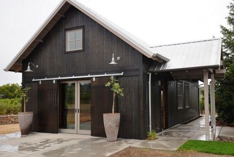 Classic Gooseneck Barn Lights for Boutique California Winery | Blog | BarnLightElectric.com Metal Building Colors Schemes, Black Metal Building, Winery Building, Small Modern Farmhouse Plans, Rustic Winery, Window Lights, Barn Lights, California Winery, Black Houses