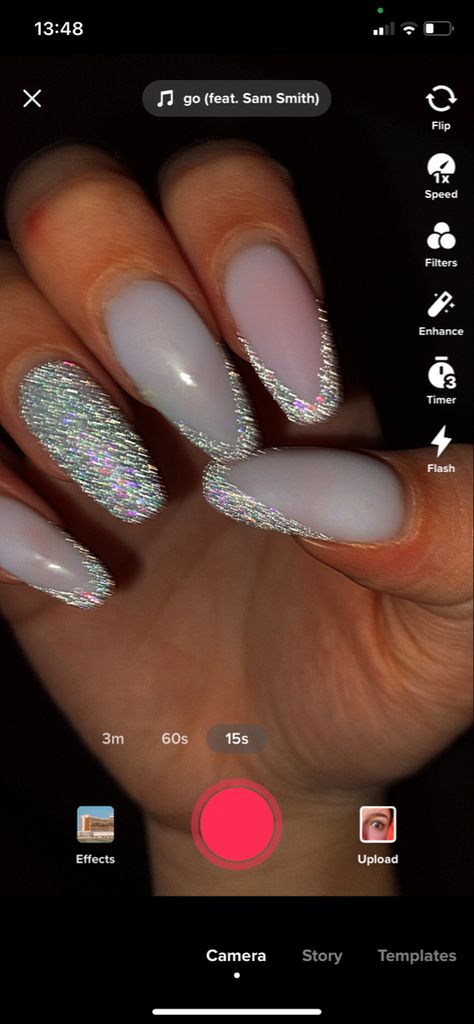 Flash glitter, gel nails, nails, nail design Flash Glitter Nail Designs, Flash Glitter Nail Art, Flash Nails Design, Flash Glitter Nail, A Nail Design, Flash Nails, Glitter Gel Nail Designs, 2023 Nails, French Acrylic Nails