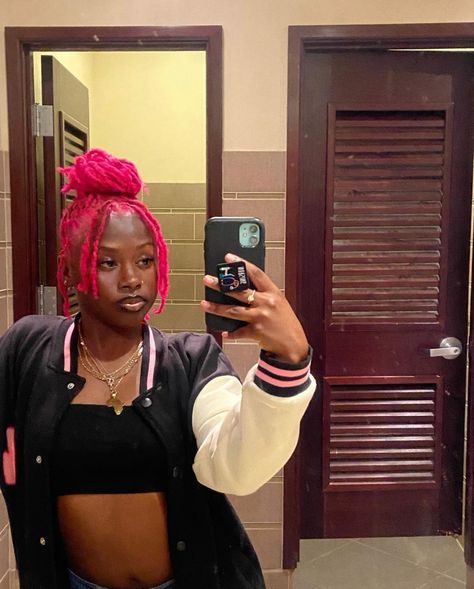 Neon Pink Locs, Pink Dreads Black Women, Blonde And Pink Locs, Hot Pink Locs, Pink And Black Locs, Loc Dye Ideas, Locs Colors, Pink Locs, Loc Colors