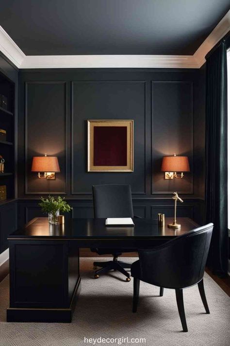 15 Best Mens Home Office Decor Ideas - Hey Decor Girl [Latest Trending Decor Design Ideas] Dark Office Ideas For Men, Moody Office Shelves, Office With Black Ceiling, Dark Office Aesthetic Vintage, Black Moody Office, Office Moulding, Dark Wood Office Decor, Man's Office Decor Ideas, Old Money Office Decor