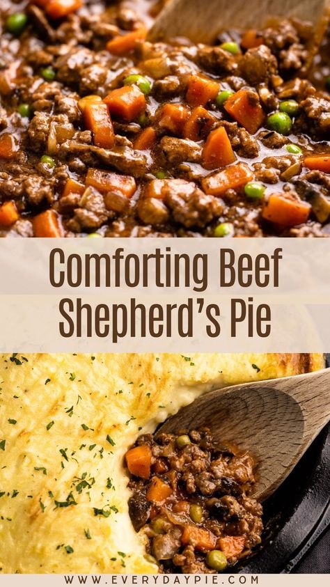 This Beef Shepherd's Pie recipe is an easy-to-make casserole with seasoned ground beef and vegetables in a savory gravy, topped with creamy mashed potatoes and then baked in the oven. It's the perfect comfort food for any night of the week. Rustic Shepherds Pie, Shepherds Pie Recipe Dutch Oven, Shepard Pie Baked Potato Recipe, Skillet Shepards Pie Recipe, Mexican Shepards Pie Recipe, Shepherds Pie With Leftover Roast Beef, Shepherds Pie Gravy, Healthy Shepherd Pie, Southern Shepards Pie