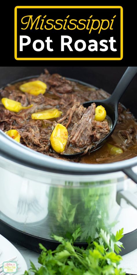 This mouthwatering (and easy!) Mississippi Pot Roast is perfect for a comforting dinner. #potroast #mississippipotroast #chuckroast #crockpotroast #beef #slowcooker via @melissasssk Mississippi Roast Crock Pot, Rump Roast Crock Pot Recipes, Crockpot Rump Roast, Chuck Roast Crock Pot Recipes, Beef Shoulder Roast, Roast Beef Crock Pot Recipes, Beef Roast Crock Pot, Slow Cooker Pot Roast Recipes, Crockpot Roast Recipes