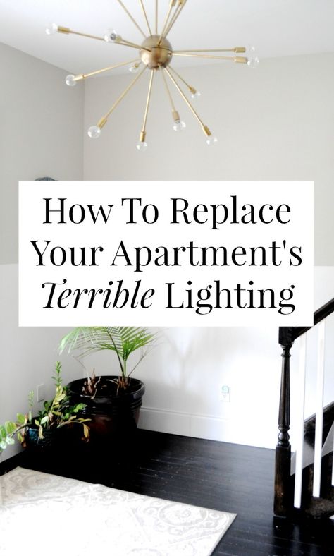 Apartment Friendly Light Fixtures, Rental Friendly Light Fixtures, Small Apartment Lighting, Rental Friendly Lighting, Renter Lighting Hacks, Chandelier For Renters, Chandelier Apartment Small Spaces, Bedroom Lighting Rental, Rental Light Fixture Makeover