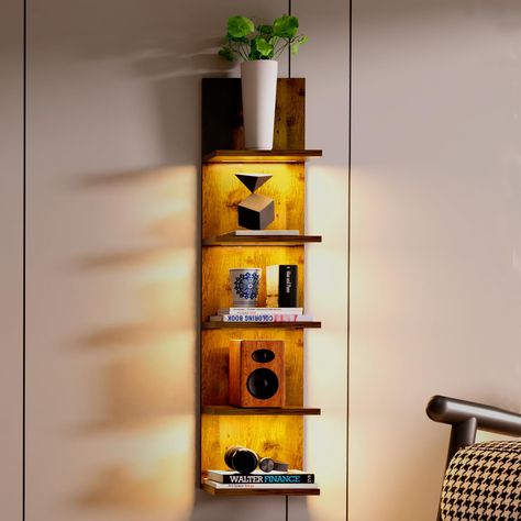 PRICES MAY VARY. Wood 【WALL STORAGE SHELF WITH LED LIGHT】This wall shelf comes with a remote control that can be used with the remote control. With 3 modes different settings: warm yellow, warm white and cold white light colors, Add character and warmth to any modern or traditional home interior. 【Stylish And Afforable:】A modern design wall shelf. Handcrafted with care using the finest quality composite wood and well laminated, Copley shelf can be a perfect match to your living room, office, sta Wood Wall Storage, Column Shelves, Wall Storage Shelf, Floating Shelves With Lights, Utility Shelf, Elegant Home Office, Wall Storage Shelves, Utility Shelves, Tower Design