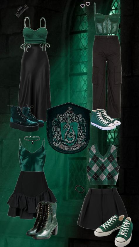 #slytherin #outfits #slytherinoutfit Slytherin Girl Outfit, Slytherin Aesthetic Fashion, Slytherin Aesthetic Outfit, Slytherin Outfit Ideas, Slytherin Inspired Outfits, Slytherin Clothes, Slytherin Outfit, Slytherin Fashion, Hogwarts Outfits