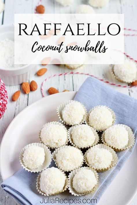 RAFFAELLO COCONUT BALLS - Julia Recipes Shredded Coconut Recipes, Crossiant Recipes, Orange Zest Cake, Oatmeal Flour, Dessert Truffles, Coconut Snowballs, Coconut Balls, Cute Christmas Cookies, Candy Balls