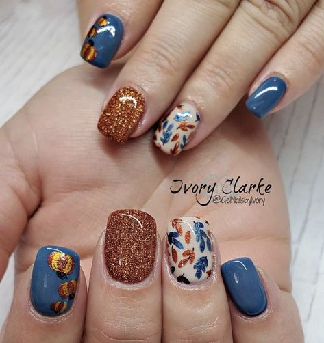 Pretty fall nail art and design.❤ Teal And Orange Fall Nails, Teal Autumn Nails, Teal And Copper Nails, Blue Pumpkin Nails, Orange And Teal Nails, Nail Fall Designs, Teal And Orange Nails, Fall Nail Art Designs Autumn, Teal Fall Nails