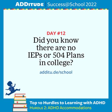 Did you know there are no IEPs or 504 Plans in college? https://www.additudemag.com/504-plan-vs-iep-adhd-college-accommodations/ College Accommodations, 504 Plan, Good Study Habits, School Success, Chronic Migraines, Time Management Skills, School Administration, School Tops, Study Habits