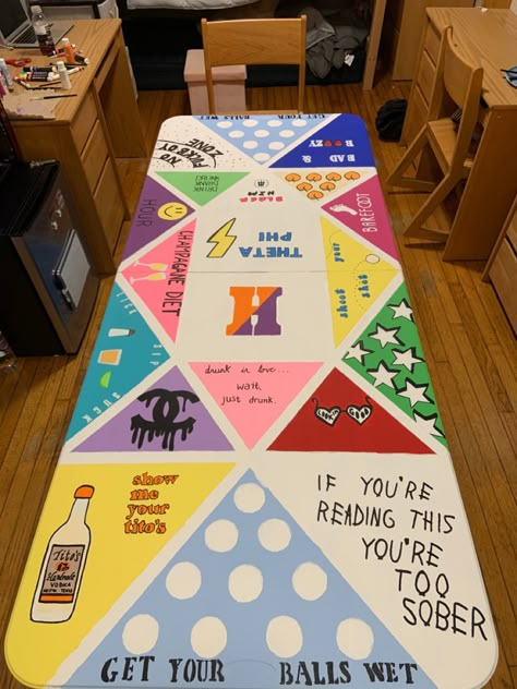 Ping Pong Table Painted Alcohol, Get Iced Pong Table, Homemade Pong Table, Diy Beer Pong Table Designs Easy, Customized Beer Pong Table, Beer Table Painted, Drinking Table Ideas, Happy Hour Ping Table, College Beer Pong Table Diy