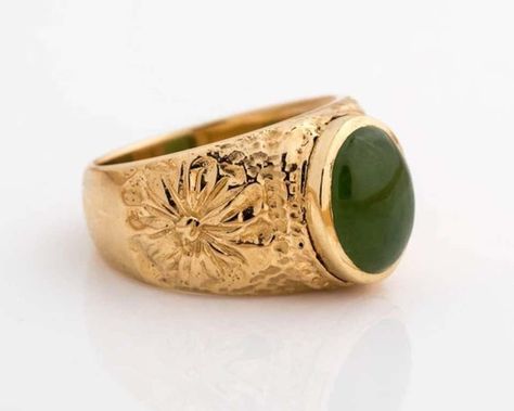 For Sale on 1stDibs - 1970s Jade Ring - 14k Yellow Gold, Jade Cabochon The oval Jade center stone is set in a bezel frame at the highest point on the ring. The ring extends Gold Jade Ring, Jade Engagement Ring, Antique Jade, Rustic Rings, Antique Filigree, Yellow Rings, Gold Cocktail Ring, Gold Cocktail, Right Hand Rings