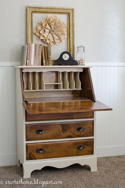 Vintage Fold Down Desk | Start at Home Decor Drop Down Door Hutch Desk, Antique Secretary Desk Makeover Ideas, Vintage Furniture Makeover, Fold Down Desk, Writing Bureau, Desk Makeover, Secretary Desk, Furniture Rehab, Furniture Renovation