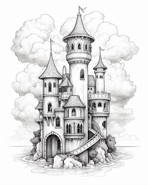 Fantasy Wizard Tower, Houses Coloring Pages, Wizard Tower, Castle Drawing, Pencil Drawings Of Flowers, Fantasy Wizard, Adults Coloring, Kids Coloring Pages, Grayscale Coloring Books