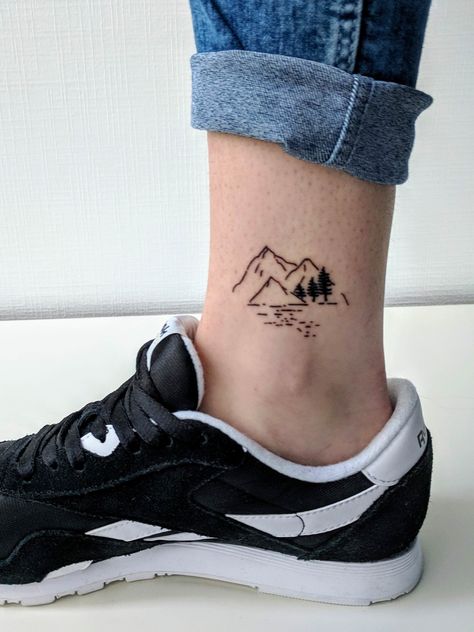 British Columbia Tattoo Ideas, Mountain Tattoo On Ankle, Sea And Mountains Tattoo, Mountain Sea Tattoo, Columbia Tattoo, British Columbia Tattoo, Ankle Mountain Tattoo, Mountain Meets Ocean Tattoo, Mountain Feet Tattoo