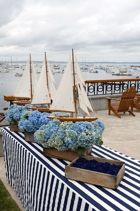 10 Casual Summer Tablescapes to Copy - Cindy Hattersley Design Wooden Sailboat, Photos Booth, Blue Hydrangeas, Nautical Party, Nautical Baby, Coastal Wedding, Nautical Wedding, Blue Hydrangea, Sailboats