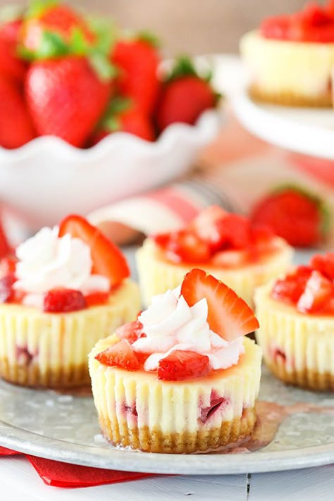 Cheesecake Cupcakes Recipe, Strawberry Cheesecakes, Mini Lemon Cheesecakes, Laura In The Kitchen, Mini Strawberry Cheesecake, Biscotti Cheesecake, Mini Cheesecakes Easy, Strawberry Cheesecake Recipe, Mini Cheesecake Recipes