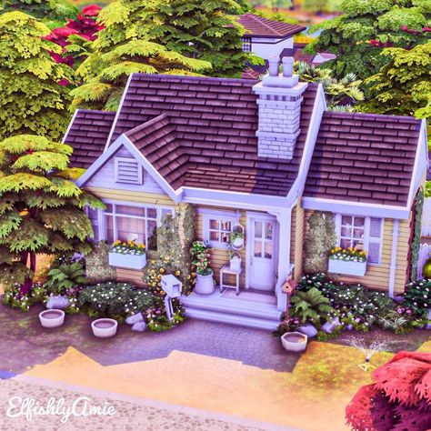 Suburban Tiny Home Sims 4, Yellow Sims 4 House, Sims 4 Yellow House, Bungalow Sims 4, Small Sims 4 Houses Layout, Small Sims House, Sims Small House, Sims 4 Bungalow, Sims Tiny House