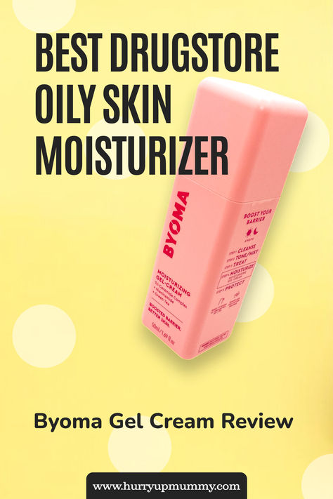 A pink bottle of Byoma moisturizer tilted against a bright yellow background with light circular patterns, featured for a Byoma moisturizer review. Byoma Moisturizing Gel Cream, Oily Skin Moisturizer, Byoma Moisturizing, Best Drugstore Products, Skincare For Oily Skin, Drugstore Skincare, Cream Moisturizer, Moisturizer For Oily Skin, Oil Free Moisturizers