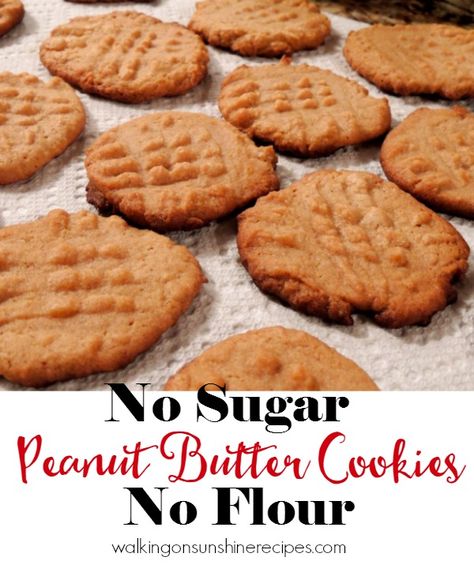 Sugarless and Flourless Peanut Butter Cookies from Walking on Sunshine Recipes. No Sugar Peanut Butter Cookies, Sugar Free Peanut Butter Cookies, Sugar Busters, Flourless Peanut Butter Cookies, Sugar Free Peanut Butter, Walking On Sunshine, Sugar Free Cookies, Sugar Free Desserts, Sugar Free Recipes