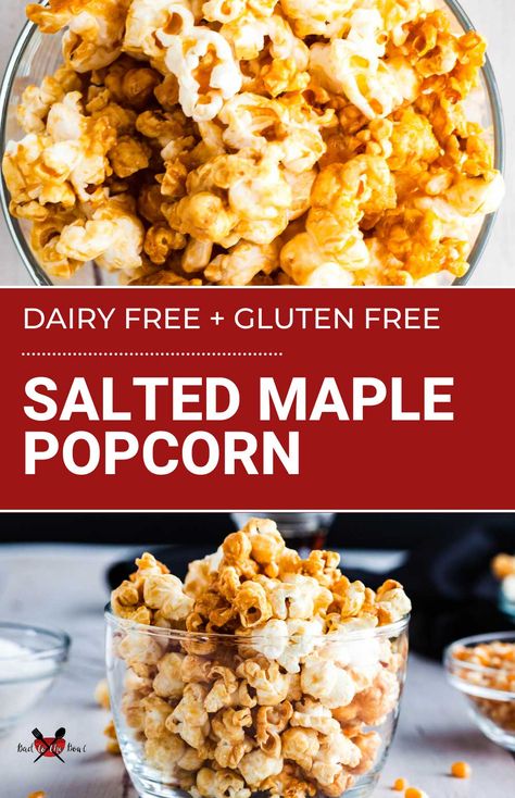 Dairy Free Caramel Popcorn, Gluten Free Popcorn Recipes, Dairy Free Popcorn, Maple Popcorn Recipe, Popcorn Flavoring, Vegan Caramel Popcorn, Popcorn Flavours, Dairy Free Caramel, Popcorn Recipes Sweet