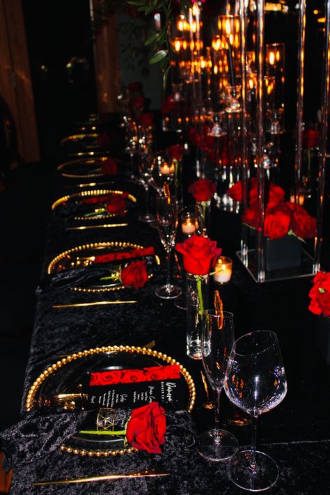 Red Black And Gold Formal Dinner, Red And Black Tablescapes, Red And Black Formal Party Decorations, Red And Black Banquet Decor, Red And Black Dinner Party Ideas, Red Black And Gold Dinner Party, All Black Party With Red Roses, Red Black And Silver Masquerade Party, Black Sequin Tablecloth Wedding