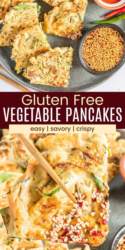 Gluten Free Dairy Free Korean Recipes, Gluten Free Vegetable Pancakes, Korean Veggie Pancake Recipe, Korean Gluten Free Recipes, Vegan Korean Pancakes, Paleo Korean Recipes, Gluten Free Korean Pancake, Gluten Free Scallion Pancakes, Gluten Free Japanese Pancakes