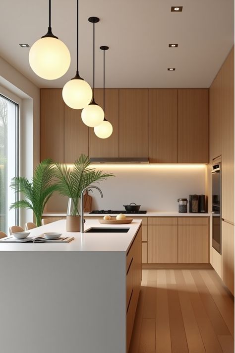 Serene Scandinavian kitchen with simple pendant lights Scandinavian Modern Lighting, Kitchen Design Scandinavian Style, Kitchen Design Scandinavian, Contemporary Scandinavian Interior, Kitchen Ideas Scandinavian, Contemporary Kitchen Lighting, Modern Scandinavian Kitchen, Scandinavian Kitchens, Korean Kitchen