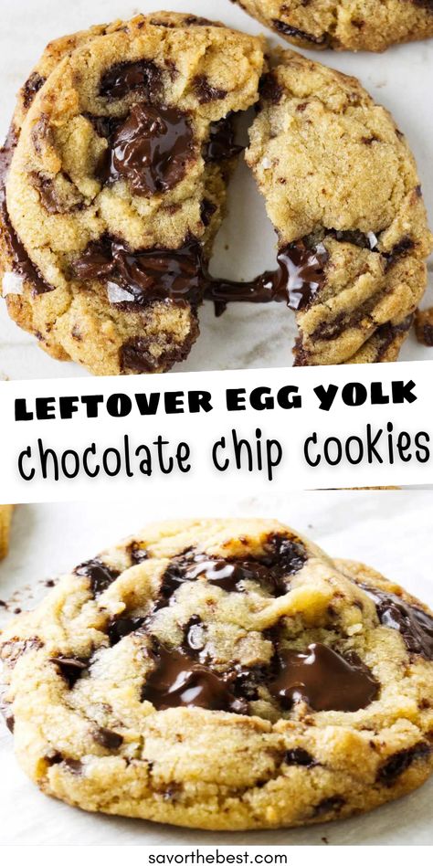 Two chocolate chip cookies withe gooey chocolate. Egg Yolk Chocolate Chip Cookies, 1 Egg Cookie Recipe, Recipes That Use Egg Yolks, Egg Yoke Recipes, Egg Yolk Only Recipes, Uses For Egg Yolks, Egg Yolk Recipes Leftover, Recipes Using Duck Eggs, Egg Yolk Recipe