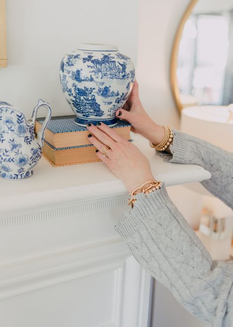 Mantle Decor Blue And White, Blue Mantle Decor, Blue And White Mantle Decor, Blue And White Vases Decor, Blue And White Mantle, Blue And White Porcelain Decor, Blue And White Fall Decor, Decorating With Blue And White, Decorating With Blue