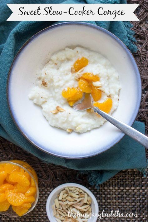 Sweet Slow Cooke Congee | The HungaryBuddha Congee Recipe Breakfast, Basmati Rice Pudding, Congee Recipe, Slow Cooker Breakfast, Porridge Recipes, Yogurt Breakfast, Paleo Crockpot, Rice Porridge, Meatless Main Dishes