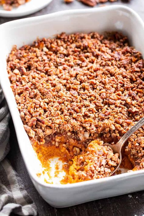 Paleo Sweet Potato Casserole {GF, DF} - The Paleo Running Momma Paleo Sweet Potato Casserole, Paleo Holiday Recipes, Paleo Thanksgiving Recipes, Paleo Running Momma, Paleo Thanksgiving, Gluten Free Thanksgiving, Sweet Potato Recipes Casserole, Paleo Breakfast, Sweet Potato Casserole