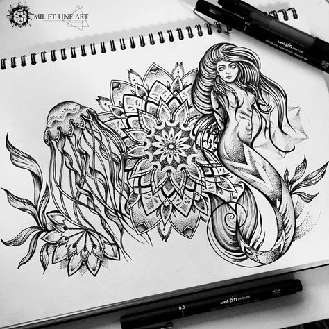 Mermaid mandala on Behance Drawing A Mermaid, Mandala Drawing For Beginners, Mermaid Mandala, Mandala Art Drawing, Ocean Theme Tattoos, Mermaid Sleeve Tattoos, Sea Life Tattoos, Witchcraft Tattoos, Draw Mandala