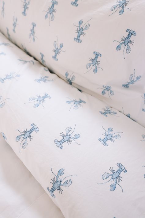 L.L. Bean x Sara Fitz lobster bedding collection Ll Bean Bedding, Costal Grandma Bedding, Coastal Cowgirl Aesthetic Decor, Blue And White Bedding Aesthetic, East Coast Home Decor, East Coast Room Decor, Coastal Bed Sheets, Costal Grandma Room Decor, Beachy Bed Sheets