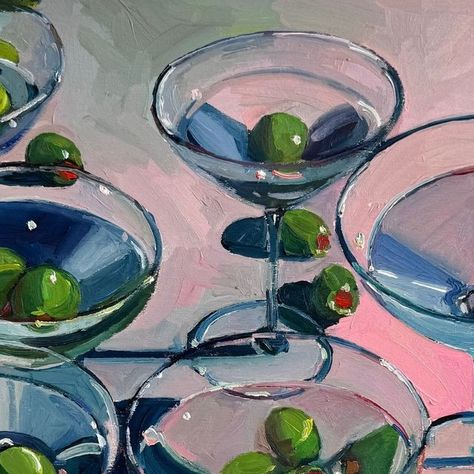 Erika Lee Sears on Instagram: "Martinis! Did someone say martinis? Oh it was me.  . Oil Painting on Cradled Birch Wood Panel . . #oilpainting #art #fineart #martinis #artcurator #artcollector #arteveryday #painteveryday #everydayart #artist #pdxart #contemporaryart #stilllife #stilllifepainting" Erika Lee Sears, Martini Photography, Martini Painting, Downstairs Bar, Martini Art, Top Paintings, Food Artwork, Everyday Art, Painting Inspo