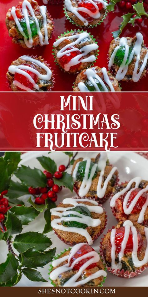 Mini fruicakes on red and white plate. Christmas Fruitcake Cookies Recipes, Mini Fruitcakes Christmas, Fruitcake Cookie Bars, Mini Fruit Cake, Easy Fruitcake Recipes, Bite Size Christmas Desserts, Fruitcake Bars, Christmas Fruitcakes, Mini Cupcake Recipes