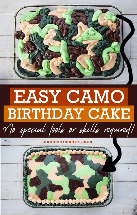 Camo Hunting Birthday Cake, How To Make A Camo Cake, Camo Army Cake, Easy Hunting Cake, Hunting Cakes For Men Birthdays, Camo Hunting Cake, Camo Themed Birthday Party, Camouflage Cake Ideas, Army Man Birthday Cake