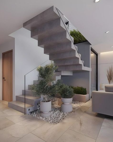 Stairs Decorations Ideas, Stair Case Wall Design, Small Garden Under Stairs, Home Staircase, تحت الدرج, Stairs Wall, Staircase Design Modern, Contemporary Living Room Design, Modern Small House Design